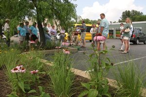 A Grow Native! professional tour visits the Alpine Shop located in downtown Kirkwood. The Alpine Shop landscape features native plants supplied by Bohn's Farm and Greenhouses. (Photo credit: Robert Weaver, The Gateway Gardener Magazine)